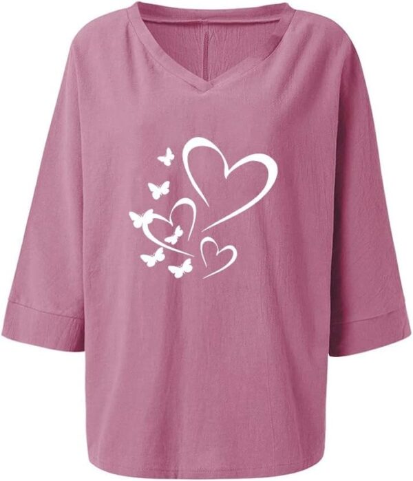 Womens Tops Dressy 2023 Summer Fashion Cotton Linen 3/4 Sleeve Tshirt Dressy V Neck Heart Blouses Oversized Cute Shirts Tunic - Image 5
