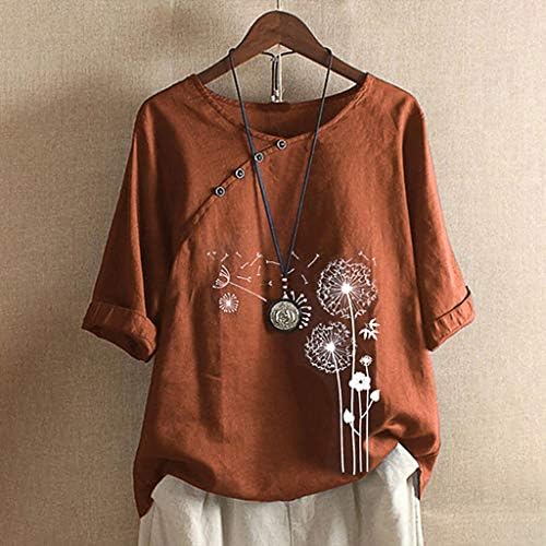 Womens Linen Tops Solid Flower Printed Shirts Crewneck Cotton Tops Short Sleeves Plus Size Loose Blouses - Image 2