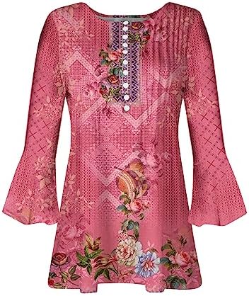 Dademeo Women Fall Tunic Tops Loose 3/4 Flare Sleeve Empire Waist Hide Belly Blouses Casual Pleated Button V Neck T-Shirts - Image 4