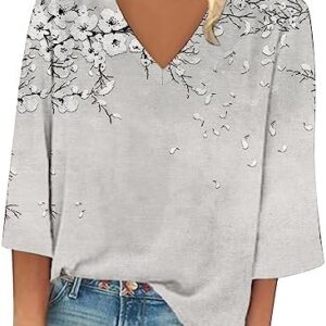 Summer Tops for Women 2023 Trendy Casual Printed V-Neck Three Quarter Sleeve Loose Fitting Top