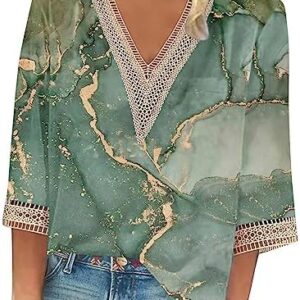 3/4 Sleeve Tees for Women Summer Womens V Neck Lace Crochet Flowy 3/4 Sleeve Casual Shirts Blouses Tops