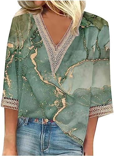 3/4 Sleeve Tees for Women Summer Womens V Neck Lace Crochet Flowy 3/4 Sleeve Casual Shirts Blouses Tops
