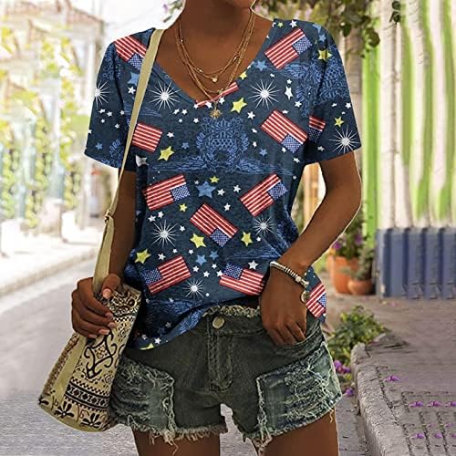 MRGIINRI July 4th Shirts for Womens 2023 Summer Fashion Patriotic Memorial Day Blouse Short Sleeve V Neck American Flag Tops - Image 2