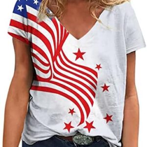 MRGIINRI Womens Tops 2023 Independence Day Casual American Flag Print Shirts 4th of July Short Sleeve V-Neck Tees Blouse