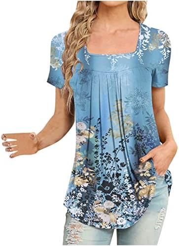 Womens Summer Tops Hide Belly Fat Shirts 2023 Casual Dressy Square Neck Blouses Floral Plus Size T-Shirts Cute Tunic