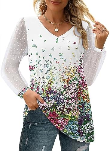 Womens Fall Tops V Neck Lace Sleeve Blouses Fashion Plus Size Fashion Floral Casual Dressy T Shirts Elegant Pullover - Image 5