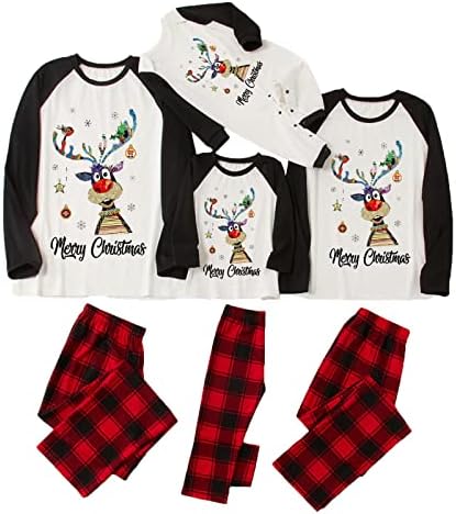 Merry Christmas Family Pajamas Matching Sets 2022 Funny Elk Tops and Plaid Pants Xmas Pjs Outfits Soft Holiday Sleepwear