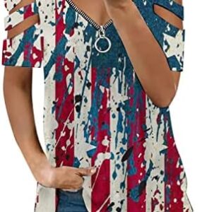 WPNMASNP Womens 4th of July Shirts 2023 Summer Casual Shirt Cold Shoulder Plus Size Tunic Dressy Zipper V Neck USA Star Tees