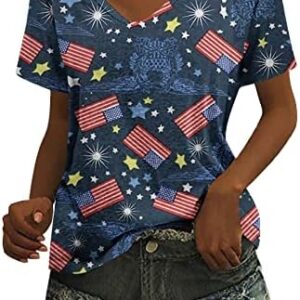 MRGIINRI July 4th Shirts for Womens 2023 Summer Fashion Patriotic Memorial Day Blouse Short Sleeve V Neck American Flag Tops