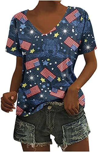 MRGIINRI July 4th Shirts for Womens 2023 Summer Fashion Patriotic Memorial Day Blouse Short Sleeve V Neck American Flag Tops