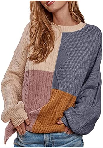 jsarle Cute Sweaters for Women Classic-Fit Lightweight Crewneck Long Sleeve Color Block Patchwork Knitted Pullover Tops
