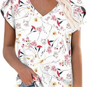 Women 2023 Summer Casual T-Shirts V Neck Petal Short Sleeve Loose Blouse Lightweight Cute Tees Tops Dressy Tshirt